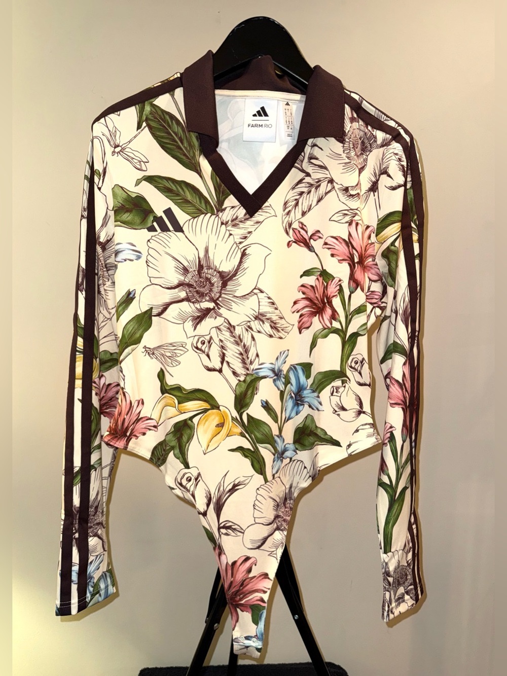 adidas x FARM Rio long-sleeve bodysuit in a colorful floral print, size L, NWT
